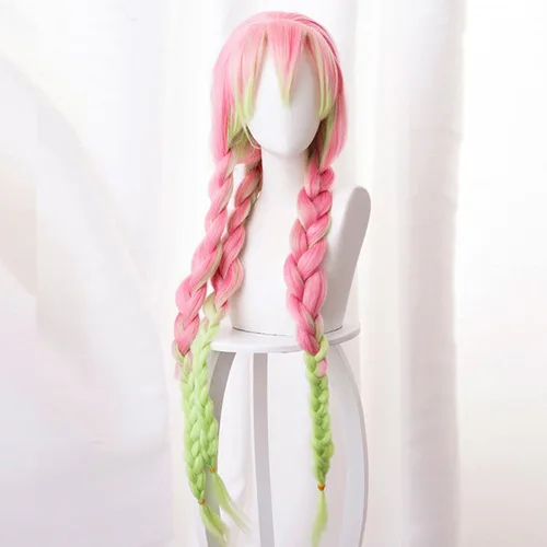 Vista 2 de maysuwell Kanroji Mitsuri - Peluca de anime Demon Slayer para mujer, pelucas de cosplay rosa y verde trenzado para Halloween, carnaval, fiesta