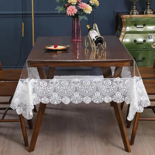 Vista 9 de Mantel rectangular de plástico transparente de vinilo impermeable, borde de encaje bordado, mantel transparente para comedor, cocina al aire libre