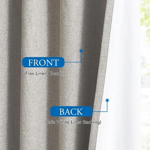 Vista 3 de Beauoop Cortinas de lino 100% opacas de 96 pulgadas de largo, 2 paneles para dormitorio, sala de estar, gris pardo con parte trasera blanca