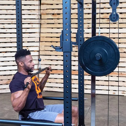 Vista 6 de Rugged Strength & Fitness Power Rack (Y100P3) con accesorio Lat - Juego de pesas de 300 libras incluido, ideal para entrenamiento de fuerza