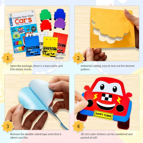 Vista 2 de VKPI Kit de regalo de 4 piezas de espuma EVA, creativo para hacer tus propios autos, proyectos de manualidades de papel de espuma de dibujos Coches