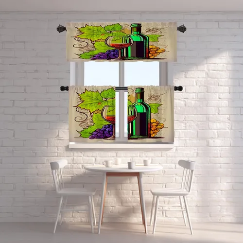 Vista 7 de Shrahala Cortinas opacas con diseño de uvas maduras de dibujos animados, copa de vino y botella, cenefa de cocina, cortinas de bloqueo de luz