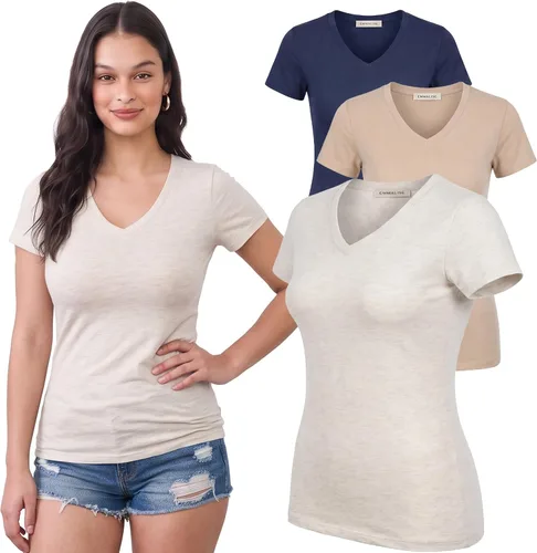 Vista 216 de Emmalise Camiseta de manga corta para mujer, cuello en V, tallas junior y plus