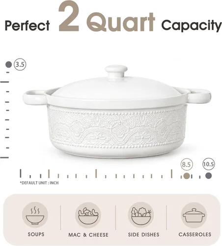 Vista 3 de FUN ELEMENTS - Cazuela, 2 cuartos de galón, plato con relieve de encaje con tapa, de cerámica para ir del horno a la mesa, asas redondas para servir
