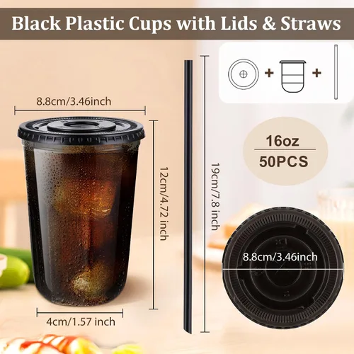 Vista 2 de tchrules Juego de 50 vasos de plástico negro de 16 onzas con tapas y pajitas, vaso de café helado desechable con tapa, vasos de plástico de fondo
