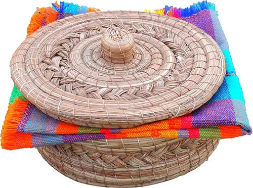 Vista 10 de Auténtica cesta calentadora de tortillas mexicanas - Aguja de pino tejida a mano con tela tejida a mano (borde de metal de 7 pulgadas con tela)
