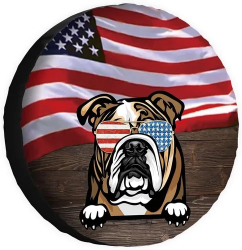 Vista 12 de Cubierta de neumático de repuesto para perro salchicha con gafas de sol con bandera de Estados Unidos, fundas protectoras de ruedas a prueba