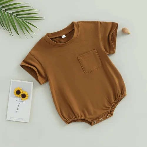 Vista 4 de Enterizo de manga corta para bebés niños y niñas, de gran tamaño, color sólido, con bolsillo, traje