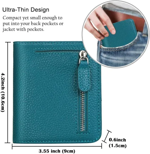 Vista 5 de Funtor Cartera de cuero para mujer, pequeña y compacta, con bolsillo doble, bloqueo RFID, para mujer