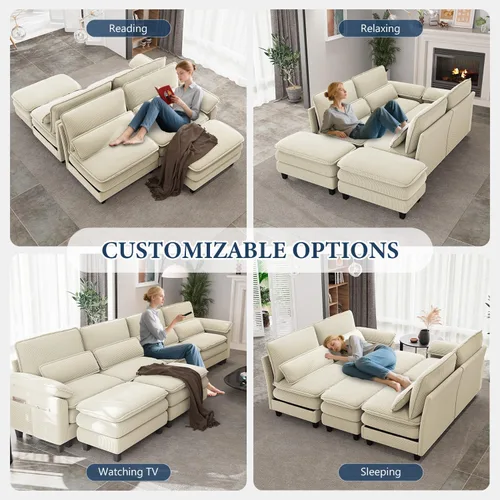 Vista 6 de Sofá de compresión modular moderno en forma de U – Sofá nube, asiento profundo de 156.3 pulgadas con 6 asientos con 2 otomanas, 4 cojines y funda