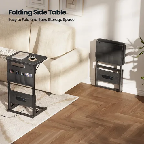Vista 7 de HLDIRECT - Mesa auxiliar en forma de C con estación de carga, mesa lateral para sofá con bolsa de almacenamiento, bandeja para TV ajustable