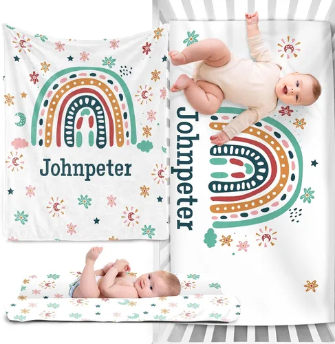 Vista 16 de Juego de ropa de cama personalizado para cuna de bebé, juego de 3 piezas para cuna de bebé, diseño de bolas y arco iris, cómoda manta de bebé