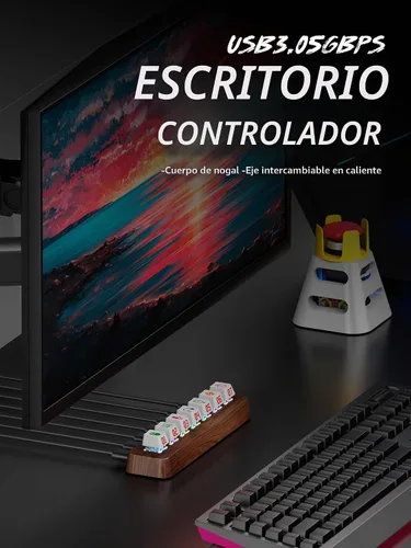 Vista 5 de Walnut Wood Hub USB 3.0 alimentado por 7 puertos, transferencia de datos de 5 Gbps, expansor de interruptor de teclado mecánico de 3 pines