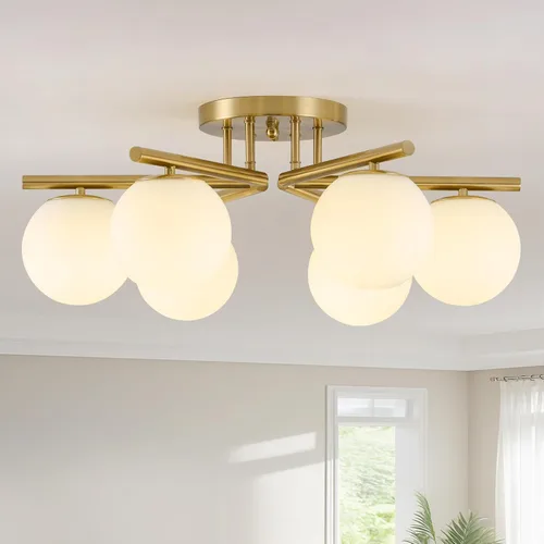 Vista 10 de Lámpara de techo Sputnik de latón de 3 luces, lámpara de techo semiempotrada, latón dorado de 21.65 pulgadas, globo de vidrio lechoso de mediados