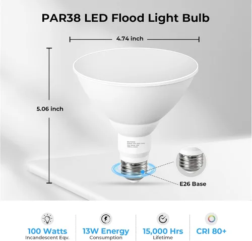 Vista 2 de GvvooHome - Bombillas LED de inundación PAR38 para exterior, equivalente a 100 W, 1050 lm, 5000 K, luz blanca de día, 13 W, intensidad regulable