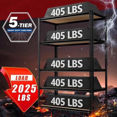 Vista 4 de Estantería de garaje resistente, estantes de almacenamiento de garaje de 5 niveles, estantes de almacenamiento de 2025 libras, unidad de estantería