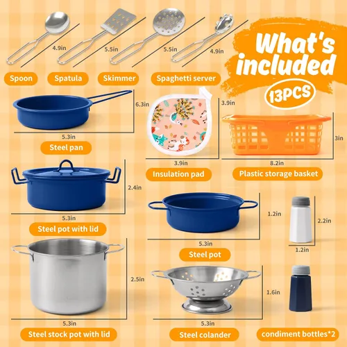 Vista 2 de Juego de accesorios de juguete de cocina para niños pequeños, juego de cocina para niñas y niños, incluye ollas y sartenes coloridas (azul)