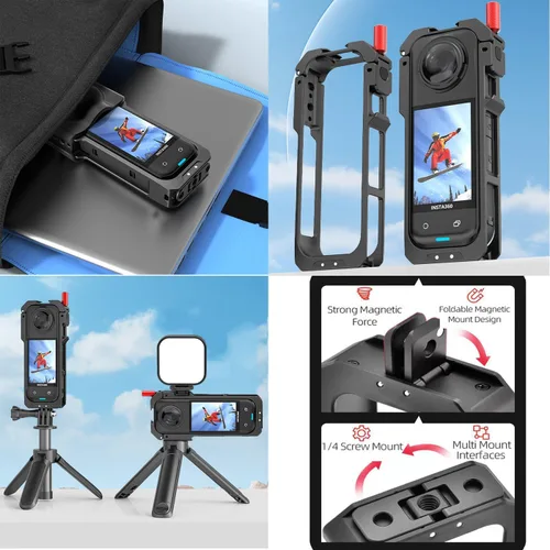 Vista 2 de Insta 360 X5 - Carcasa de aluminio de metal con doble abrazadera y tapa de lente de silicona, protector de pantalla para Insta360 X5 X 5, kit