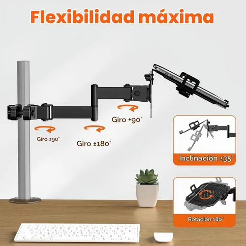 Vista 3 de PUTORSEN Soporte de poste para portátil con bandeja – Soporte universal de brazo de movimiento completo con placa VESA extraíble de 75mm y 100mm, se