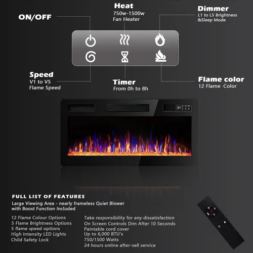 Vista 4 de BOSSIN Chimenea lineal ultrafina y silenciosa de 30 pulgadas, chimenea eléctrica empotrada y chimenea montada en la pared y en la pared