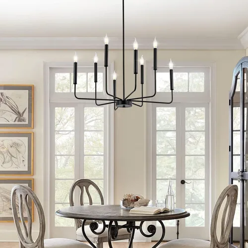 Vista 2 de WOKNOS Candelabros modernos negros de granja, 8 luces industriales de metal, lámparas colgantes clásicas para cocina, dormitorio, comedor, sala