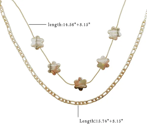 Vista 8 de Delicado collar chapado en oro en capas, cadena de serpiente, eslabones de perlas, clip de papel, cadena Figaro, flor de metal, colgante de sol