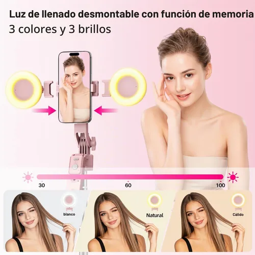 Vista 6 de Kit de vlogging rosa para iPhone/Android, trípode magnético de seguimiento facial automático de 71 pulgadas para iPhone, palo selfie 6 en 1
