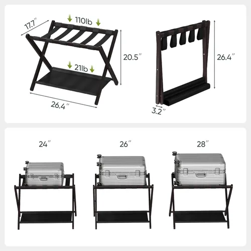 Vista 3 de Smart FENDEE Portaequipajes, portaequipajes plegable para habitación de invitados, soporte de maleta de bambú marrón con capacidad para hasta 131