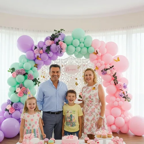 Vista 6 de Kit de arco de globos rosa, morado y verde menta, globos pastel de doble relleno con mariposas doradas para baby shower, cumpleaños de niña, tema