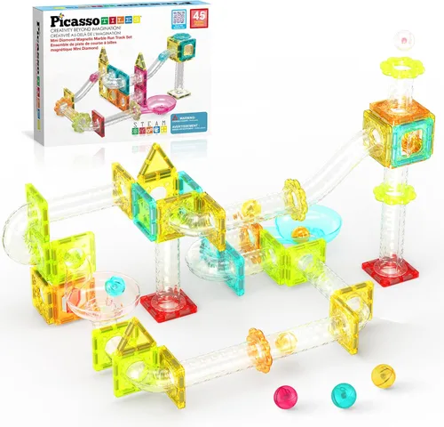 Vista 10 de PicassoTiles Carrera de Canicas Juego de 60 piezas, pista de carreras, bloques de construcción magnéticos, juguete educativo, kit de construcción
