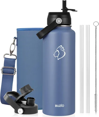 Vista 39 de BUZIO Botella de agua aislada de 24 oz, frasco de agua de boca ancha de acero inoxidable con tapa de pajita, frío durante 48 horas a prueba de Negro