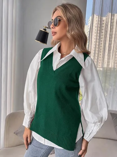 Vista 3 de Romwe Suéter de punto con cuello en V para mujer, color liso, con abertura lateral, sin mangas, holgada, blusa sin mangas