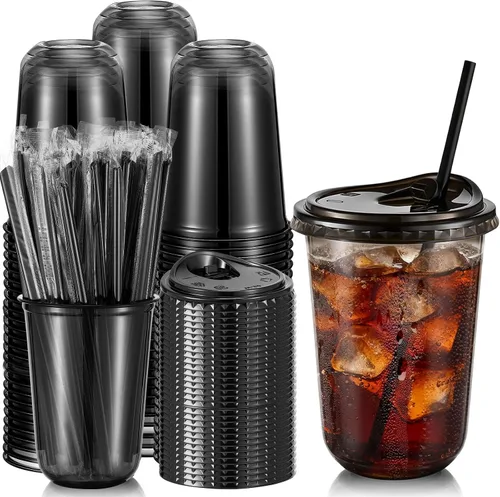 Vista 27 de Ziliny Paquete de 50 vasos de plástico transparente negro de 12 onzas con tapas y popotes, vasos desechables para mascotas, taza de café helado