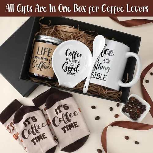 Vista 2 de Vabean Juego de Regalo para Amantes del Café de 5 Piezas - Incluye Taza y Soporte para Cuchara, Vela y Calcetines, Canasta de Café para Hombres