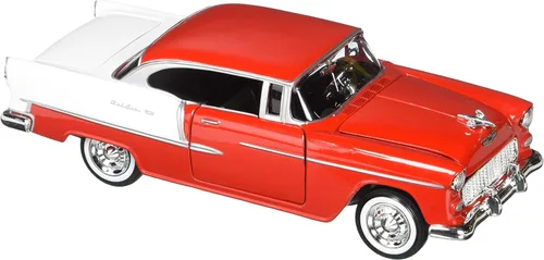 Vista 3 de 1955 Chevy Bel Air, rojo, escala 1/24 fundido a troquel modelo Toy Car Motormax 73229
