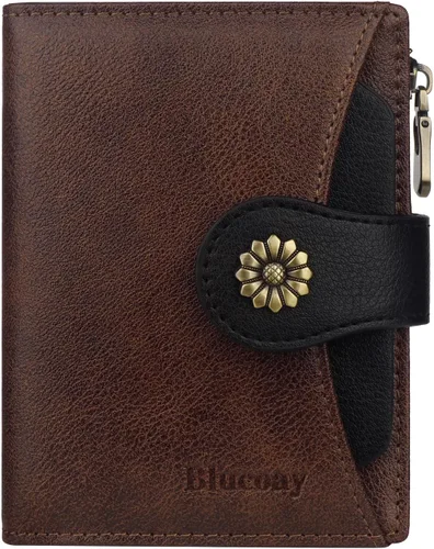 Vista 21 de Billetera para mujer, con bloqueo RFID, de piel de microfibra, compacta, plegable, con ventana de identificación extraíble (marrón)