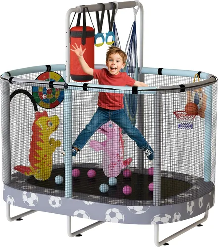 Vista 16 de LAMERGE Trampolín redondo 7 en 1 de 55 pulgadas para niños y niñas de 1 a 8 años, trampolín para interiores y exteriores para diversión, barandilla