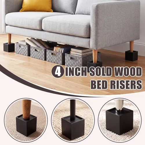 Vista 4 de Juego de 4 elevadores de muebles de cama de madera maciza de 4 pulgadas, elevadores de sofá cuadrados negros resistentes, bloques de madera marrón