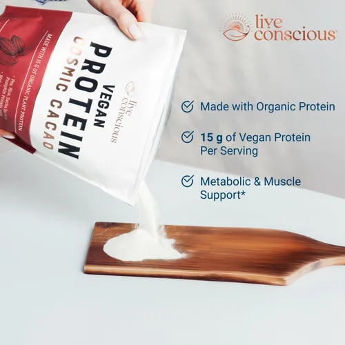 Vista 4 de Live Conscious Cosmic Cacao - Proteína en polvo vegana orgánica, sabor a chocolate, mezcla a base de plantas, proteína de guisante, arroz integral