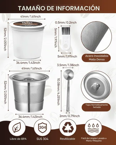 Vista 7 de Paquete de 2 tazas K reutilizables para Keurig 1.0 – Cápsulas de café reutilizables de acero inoxidable K Cup con cuchara de metal, cepillo y 4