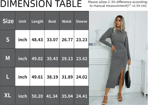 Vista 4 de TEMOFON Vestidos de manga larga para mujer vestido casual ajustado con cuello redondo, vestido midi fruncido con abertura S-XL