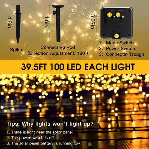 Vista 6 de Vimorg Guirnalda de luces solares para exteriores, paquete de 2 luces solares de Navidad de 79 pies, 200 LED, impermeables, con 8 modos