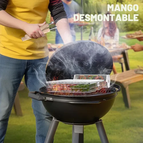 Vista 5 de Ivtivfu Juego de cesta para parrilla, mango de madera removible, acero inoxidable 304, herramientas de barbacoa con ruedas, accesorios para parrilla