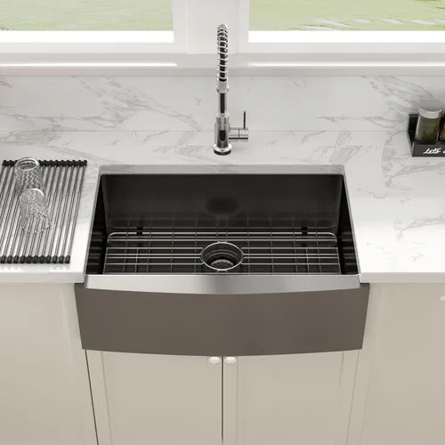 Vista 2 de Sarlai Fregadero negro de granja – Fregadero de cocina frontal con delantal de 30 pulgadas x 22 pulgadas, fregadero de cocina estilo casa de campo