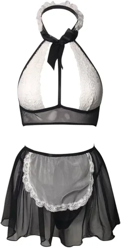 Vista 2 de Disfraz sexy de sirvienta para mujer, con encaje, con cordones, ropa de dormir recortada, juego de rol erótico para mujer