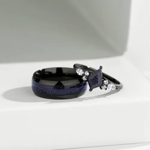 Vista 6 de Anillos de promesa personalizados para parejas, anillos negros a juego para parejas, anillo grabado de piedra arenisca azul en forma de cometa