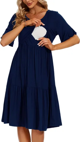 Vista 9 de Smallshow Vestido para maternidad y lactancia con volantes, manga corta, para mujer Verde militar