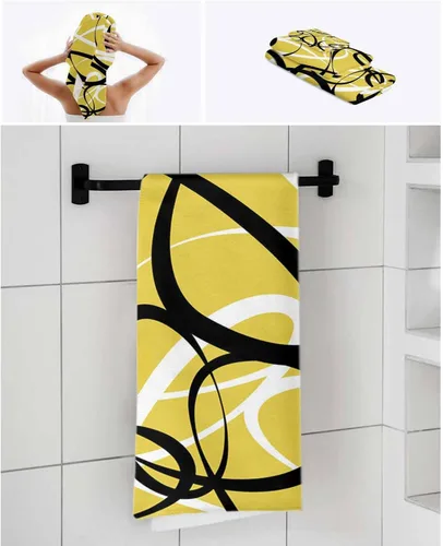 Vista 4 de Juego de toallas de baño de 3 piezas con diseño geométrico amarillo, línea blanca y negra, arte abstracto moderno, toalla suave y absorbente