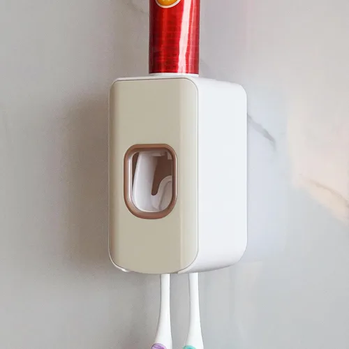 Vista 31 de Soporte de plástico para cepillos de dientes de 2 ranuras y dispensador de pasta de dientes montado en la pared, exprimidor automático de pasta