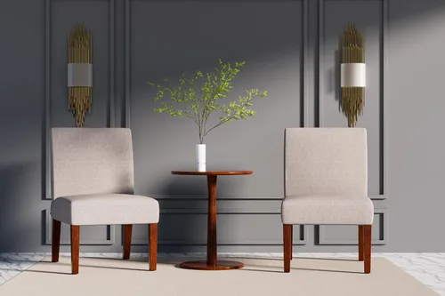 Vista 2 de Juego de 2 sillas decorativas con mesa a juego, sillas laterales tapizadas de lino de madera maciza para sala de estar, dormitorio, sala de espera
